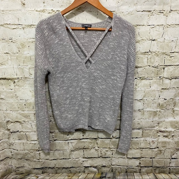 Express Gray Open Knit V Neck Slit Back Sweater - Picture 1 of 6